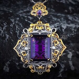 Antique Amethyst Pendant Necklace, Two Tone, Gold, Silver, Women’s, Gemstone,